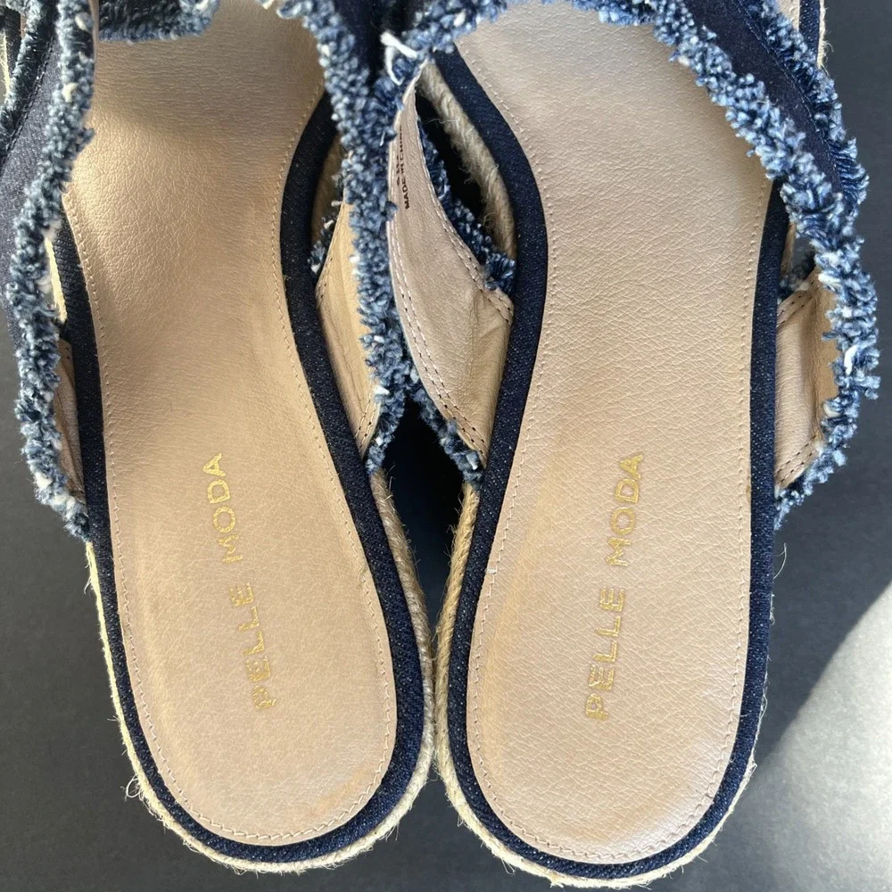 PELLE MODA Denim Frayed Blue Slip On Cork Wedge Espadrille Sandals Shoes Sz 9.5